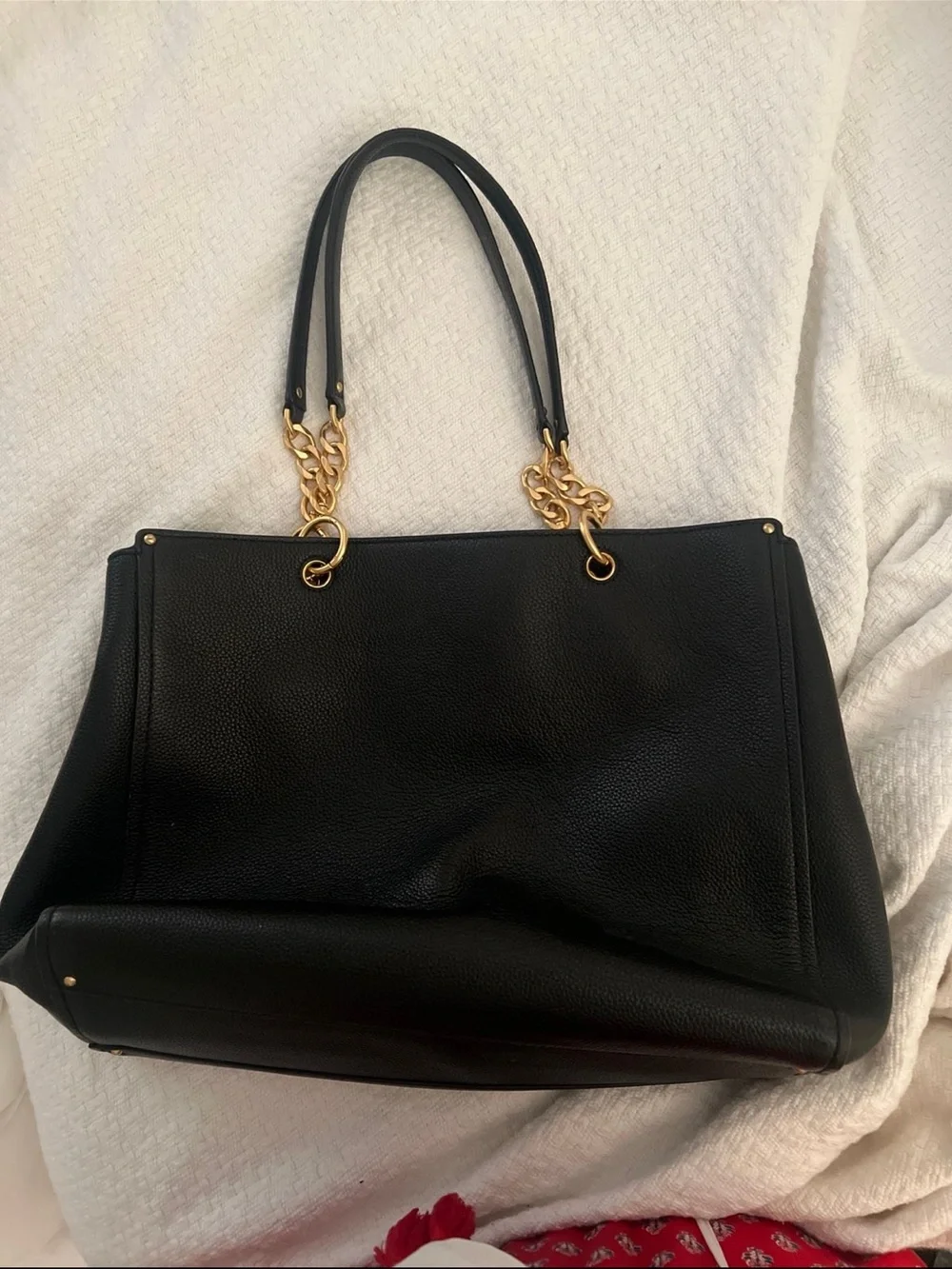 Tory Burch Black Leather Shoulder Tote with Gold Hardware